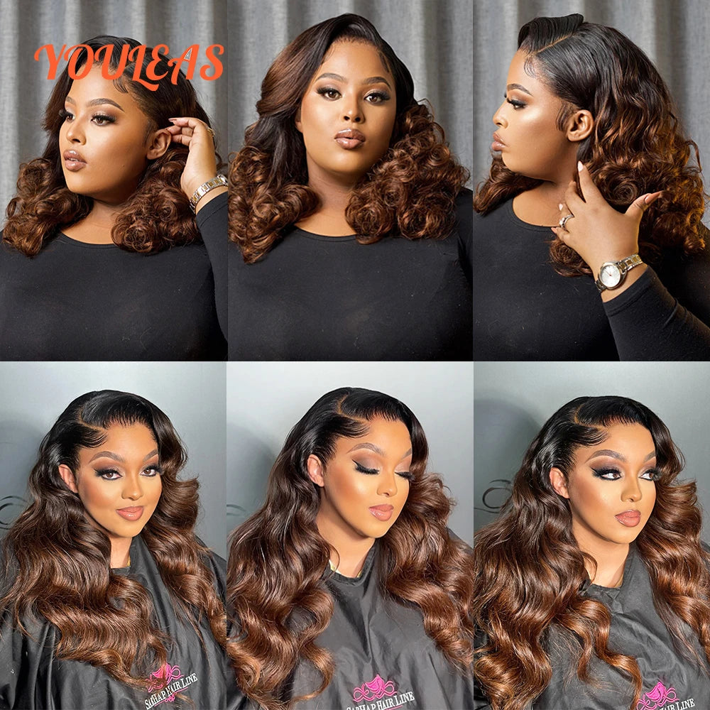 Honey Blonde Loose Wave Ombre 1b/4 Colored Wig 13x4 Transparent Lace Front Glueless Human Hair Wig Pre plucked Ready To Wear