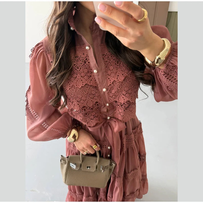 Embroidered maxi Dress Women Lapel Hollow Fashionable Short Sleeve Belt High Waist long Dresses Female Summer Chic robe