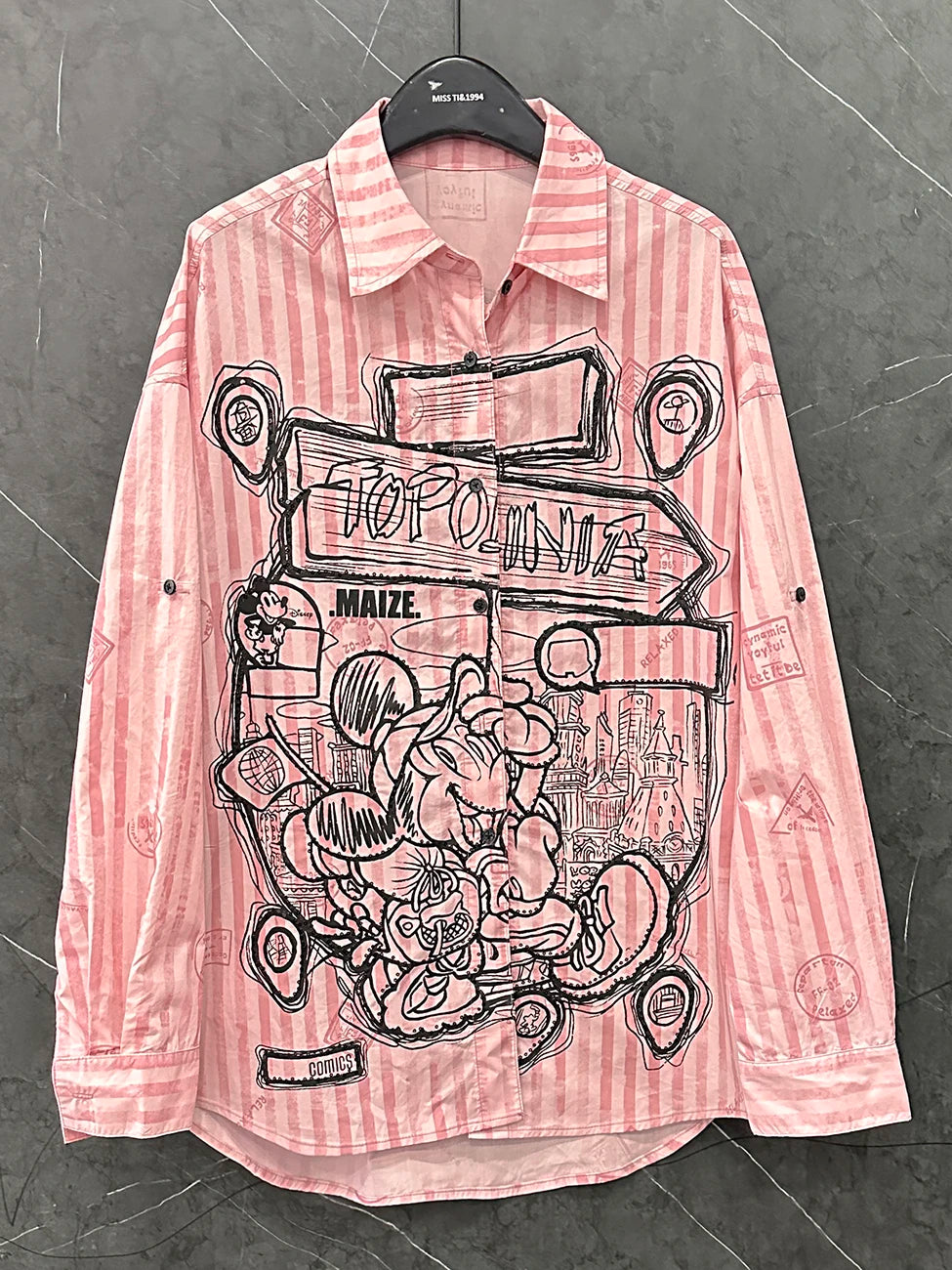 Spring and Summer New Cartoon Design Striped Long-sleeved Shirt Women's Loose Sweet College Style Long Pink Top Single Breasted