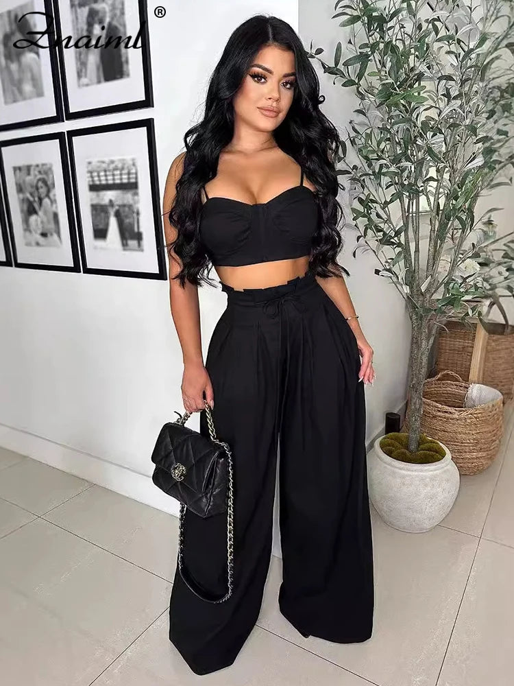 Znaiml Fashion Two 2 Piece Pants Sets Women Clothing Strap Sleeveless Top and Wide-leg Pants Elegant Streetwear Matching Suit