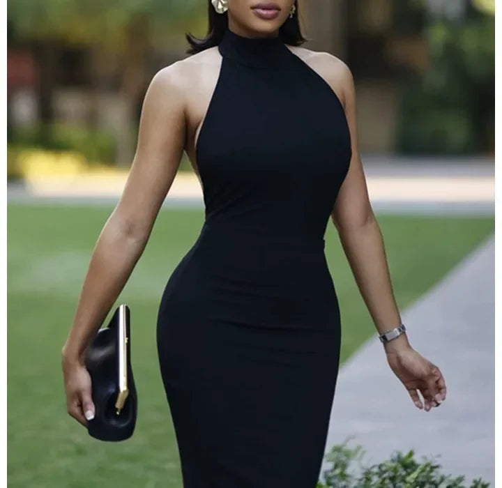 Fashion Evening Party Dresses Woman New Sexy Elegant Rose Detail Mock Neck Sleeveless Backless Bodycon Party Dress 2025 Autumn