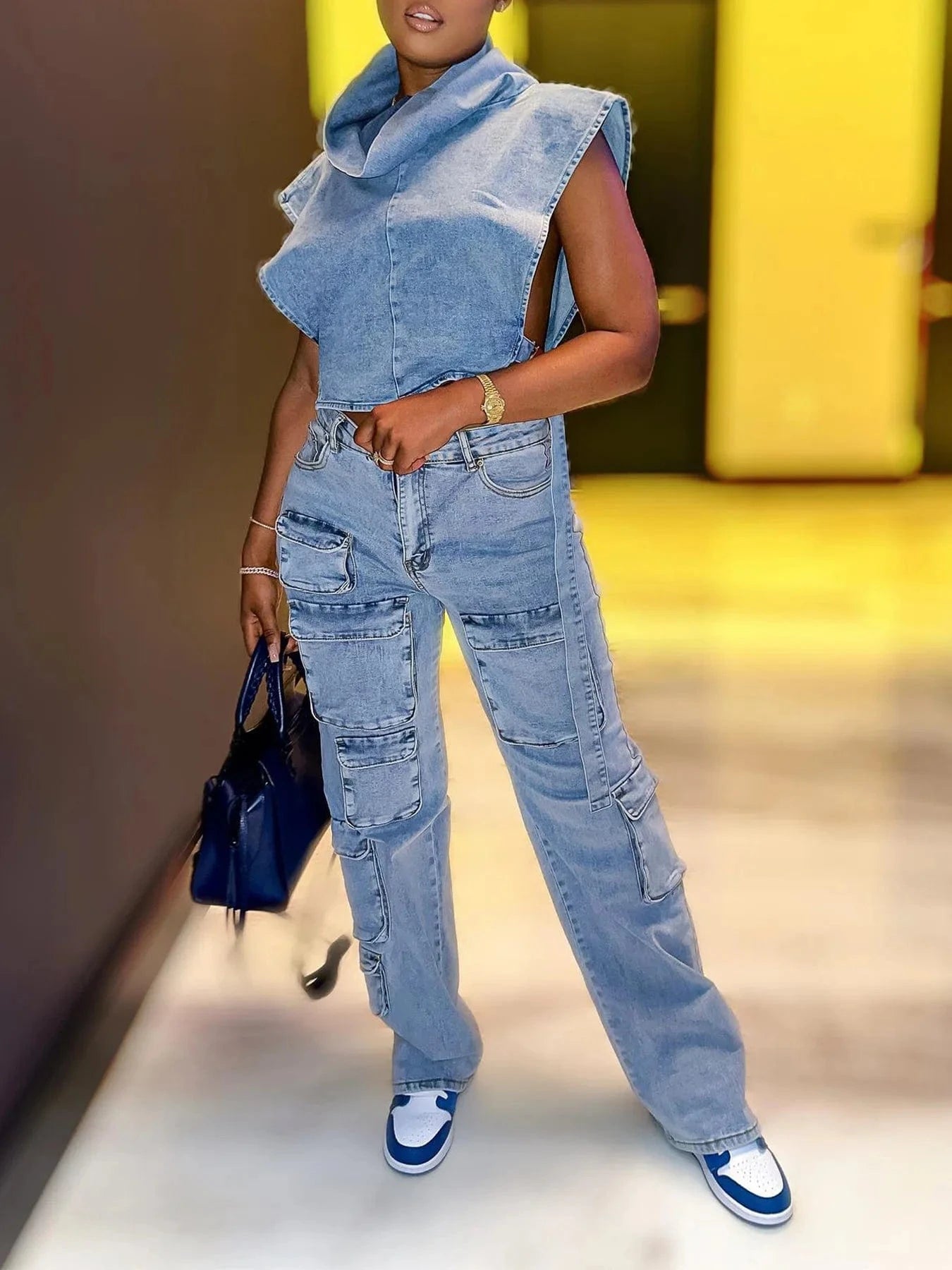 Multi Pockets Jeans Cargo Pants Sexy Women High Waist Elegant Streetwear Denim Casual Straight Trousers