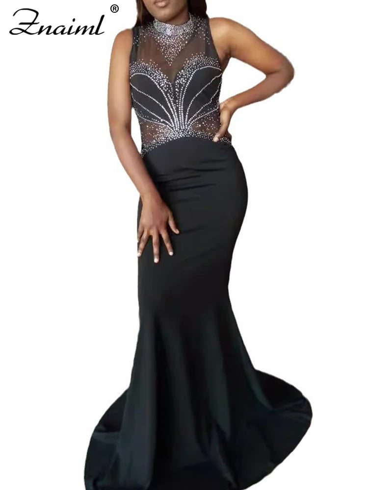 Znaiml Elegant Celebrities Evening Maxi Dress Women's Black Mesh Rhinestones Crystal Birthday Party Trumpet Mermaid Robe Luxury