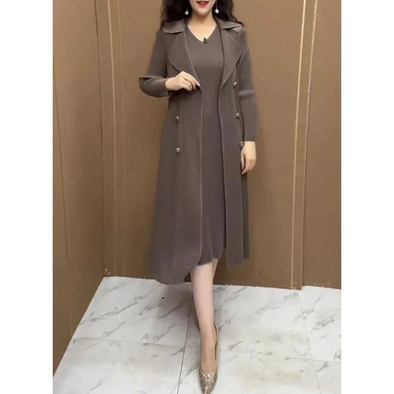 Spring Autumn Fashion Slim Pleated Suit Collar Fake Two Piece Windbreaker Coat Comfortable Waist Shrinking Elastic Dress Belt