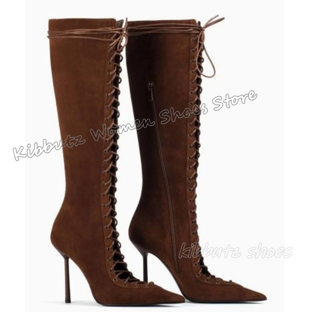 Lace-Up Sandal Ankle Boots Mesh Leather Solid Color Fashion Elegant Luxury Concise Sexy Party Dress Women Shoes New Pointy Heels