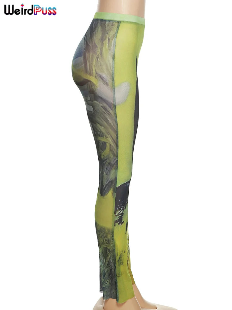 Weird Puss Mesh Tie Dye Straight Pants Women Sexy Summer Trend See Through Thin Skinny Streetwear Wild Elastic Activity Bottoms