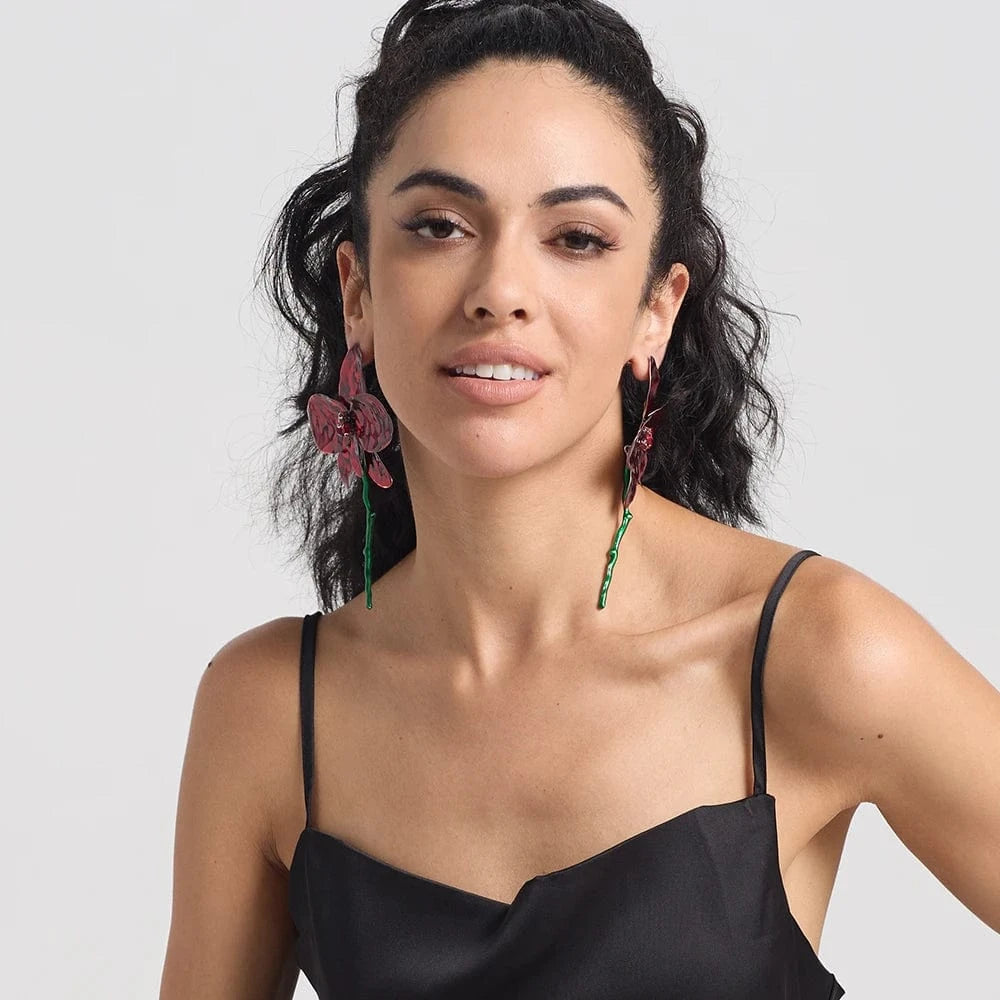 New Arrival Exaggerated Large Red Flower Drop Earrings High-Quality Trendy Long Earrings For Women Statement Jewelry Accessories