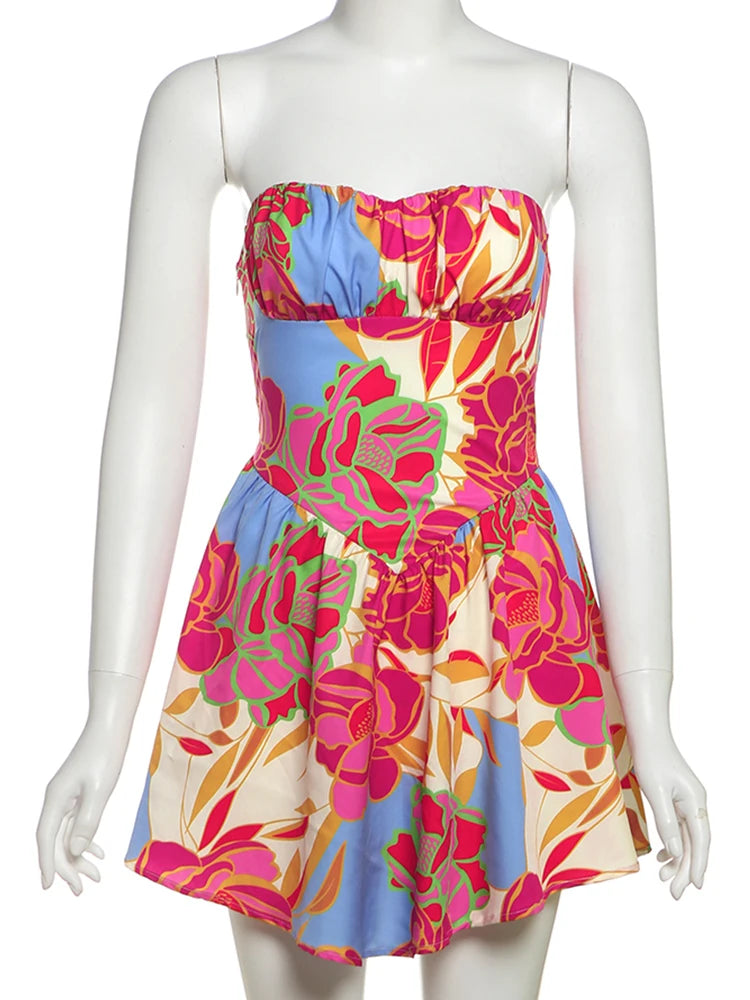 Weird Puss Colorful Print Strapless Dress Women Sexy Off Shoulder Backless Ruched Ruffles Vacation Y2K Sweet Style Mini Bodycon