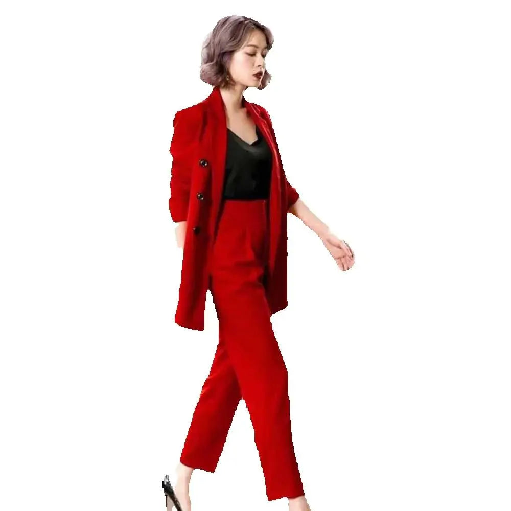 Fashion Chic Red Women's Suits Notch Lapel 2 Pieces Jacket Pants Female Clothing Slim Fit Office Banquet Lady's Blazers Sets
