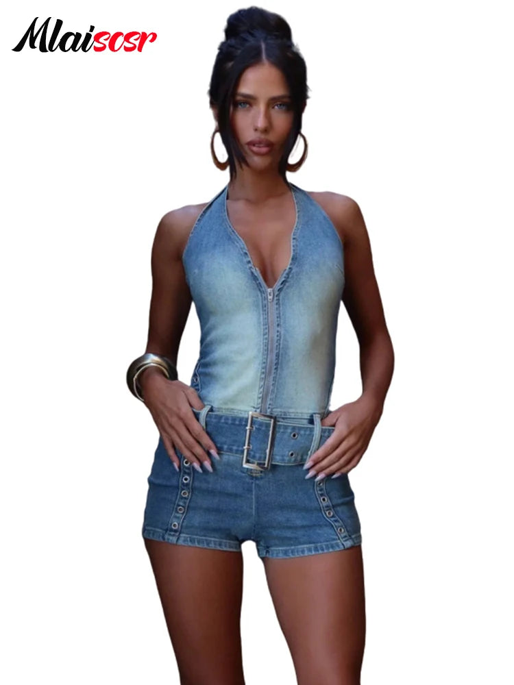 Mlaiscsr Blue Sleeveless Halter Backless Zipper Sashes Playsuits Jean Summer Women Fashion Streetwear Denim Shorts Jumpsuit y2k