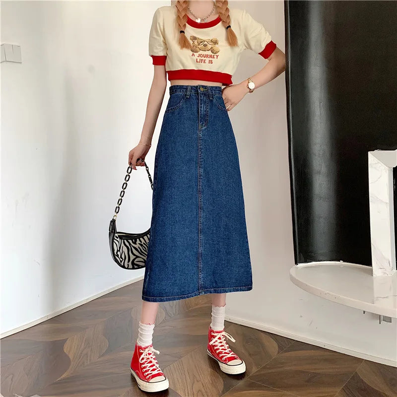 New 2022 Spring-Autumn Medium-Length Denim Skirt For Women High-Waisted Slimming Plus Size Curvy Girls A- Line Hip Covering Skir