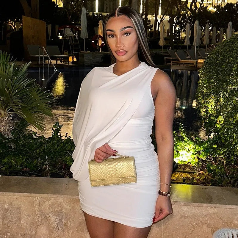 Joskaa Elegant Pleated O-Neck Asymmetric Single Sleeve Body-Shaping Mini Dresses for Women 2025 Summer Holiday Party Clubwear