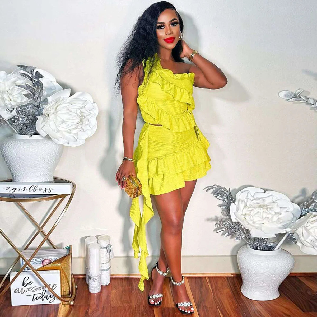 CM.YAYA Women Set Sleeveless One Shoulder Ruffles Tops and Mini Skirt Suits 2024 Sexy Cute beach Street Two 2 Piece Set Outfits