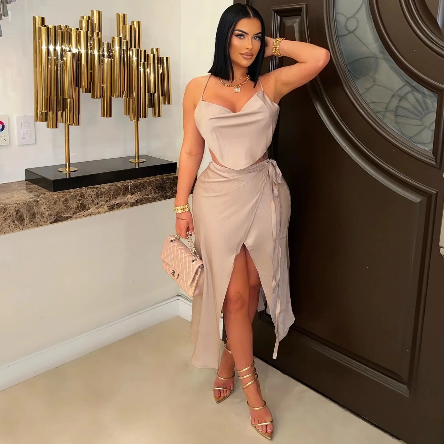 CM.YAYA 2025 Sexy Party Club Night Women's Set Halter Neck Crop Top and Side Split A-line Maxi Skirt Suit Two 2 Piece Set Outfit