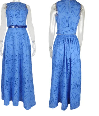 Women Hollow Out Sleeveless Embroidery Two-Piece Set 2025 O-Neck Blouse + Lace Pockets Skirt beach New Two Piece Set