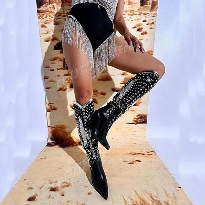 White Wing Decor Chunky Heels Boots Crystal Knee High Pointed Toe Shoes for Women Matte Leather Shoes 2025 Zapatos Para Mujere