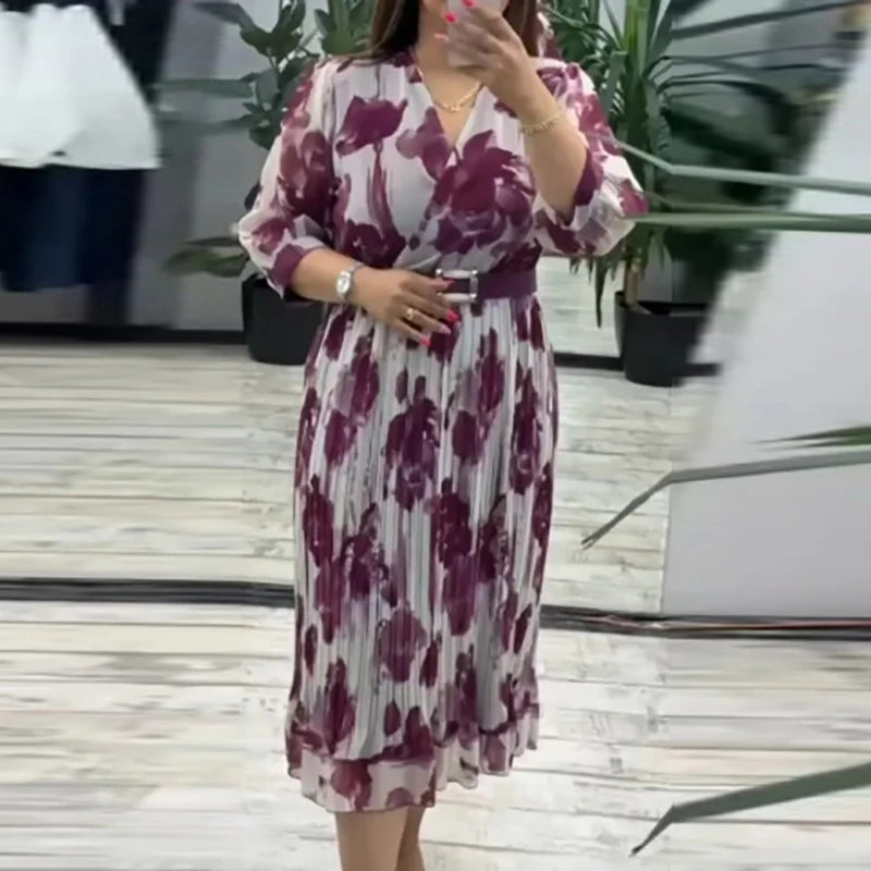 Casual Loose Holiday Long Dress Chiffon Floral Print Pleated Commuter Dress Autumn Vintage Lady V-neck Half Sleeved Party Dress