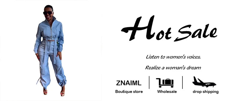 Znaiml Safari Style Streetwear Women Two 2 Piece Set Long Sleeve Zip Bandage Top and Multi-pockets Cargo Pants Matching Outfits