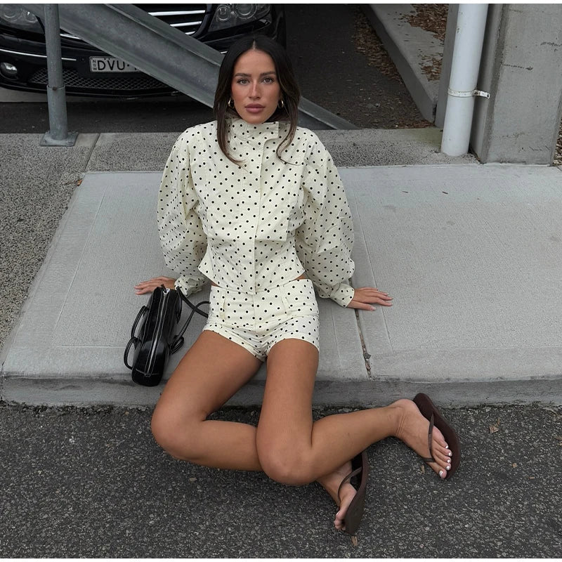 Loose Polka Dot Zipper Women's Shorts Set Stand Collar Patchwork Full Sleeve Pockets Jacket Tie Up Short Pant Suit Summer Outfit
