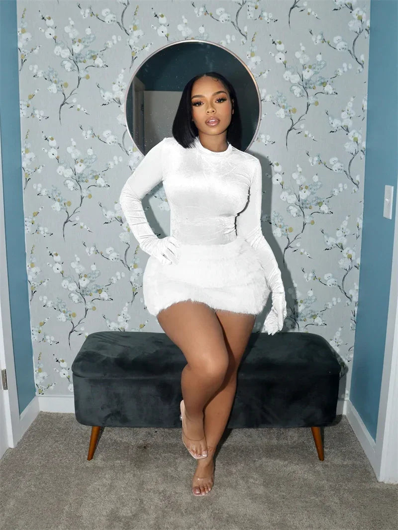 Velvet Long Sleeve Solid Gloves Sexy Bodysuit Furry Skirt 2 Piece Sets Fall Winter Women Elegant Outfit Party Birthday