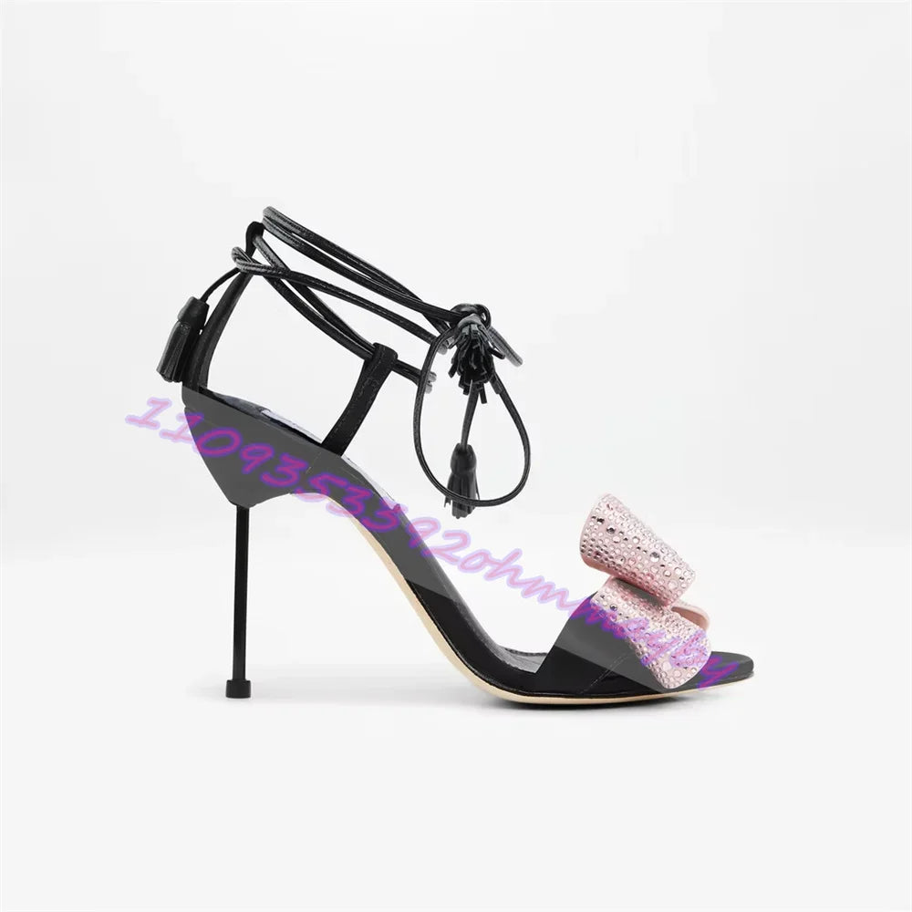 Rhinestone Bow Open Toe Ankle Wrap High Heel Sandals for Women