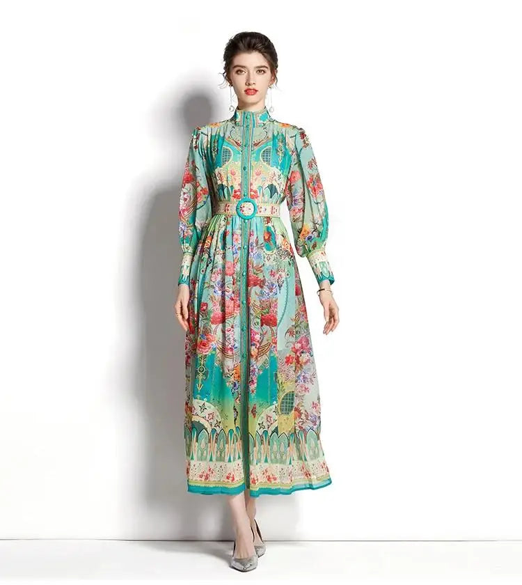 Women's Turtleneck Lantern Sleeve Single Breasted Flower Print Maxi Dress Autumn Bohemian Chiffon Green Belt Holiday Vestidos