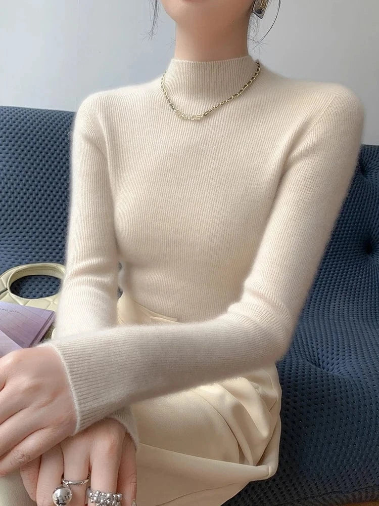 Women 100% Cashmere Sweater Mock Neck Pullover Autumn Winter Slim Basic Cashmere Knitwear Soft Warm High Strecth Pullover Tops