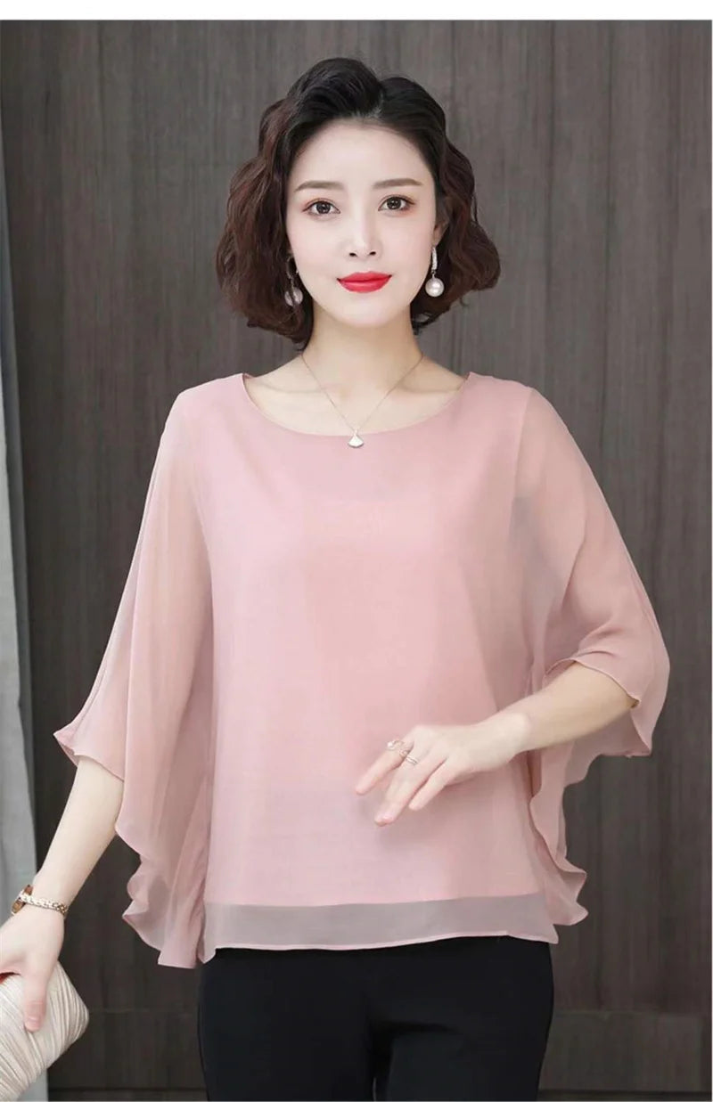 4XL Bat Shirt Summer Women's Loose T-shirt Small Shirt 2025 Spring/Summer Large Wrinkle Resistant And Elegant chiffon Top Green