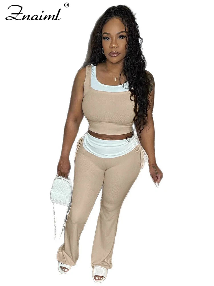 Znaiml Casual Sleeveless Tank Tops and Flare Pants Tracksuit Jogger 2025 New Fashion Sport 2 Pieces Set Woman Summer Outfits
