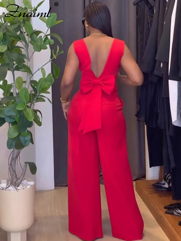 Znaiml Casual Wide Leg Pants Set Women Summer Sleeveless V Neck Backless Bowknot Tops Two 2 Piece Outfits Elegant Vacation 2025