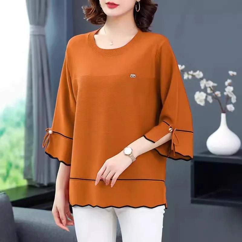 6XL Mom Large Summer New Ice Silk Shirt 3/4 Sleeves Round necked T-shirt Knit Sweater Loose Top For Wearing Outwear Top Black