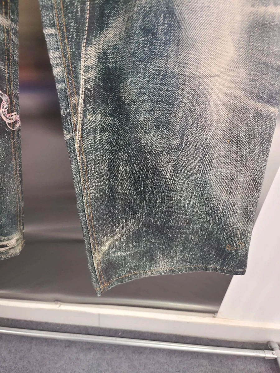 VGH Spliced Colorful Beading Chain Jeans for Women High Waist Patchwork Distressed American Retro Spring Trousers Female Style