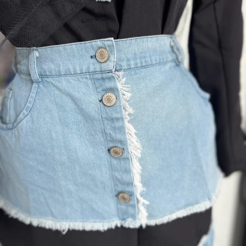 Stylish Patchwork Denim Mini Dresses Lace Deep V-neck Jacket Sexy Irregular Casual-chic Sexy Edgy Top Designers Streetwear