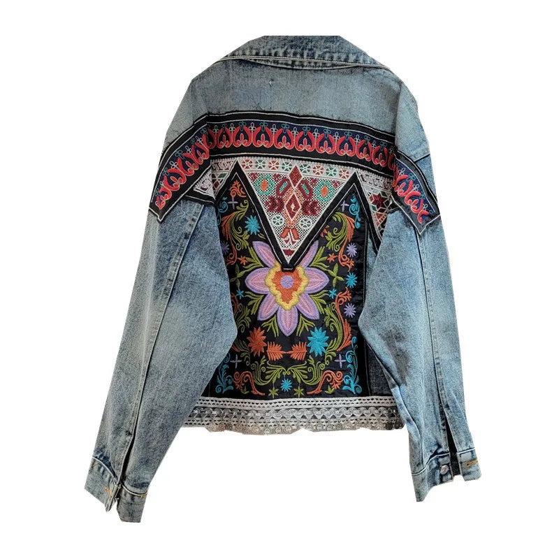 YEAE Ladies Bohemian Denim Jacket Autumn Floral Patch Embroidered Vintage Jacket Long Sleeve Outerwear Women's Jacket