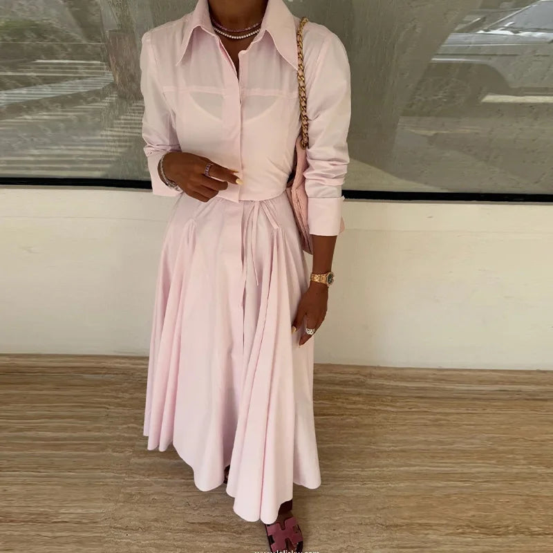 Solid Women's Casual Pleated Long Dress Fashion Lapel Full Sleeve Button Maxi Dress Lady 2025 Early Autumn Chic Street Robes