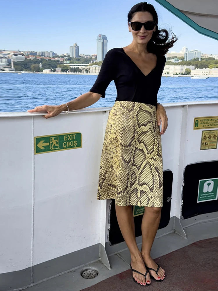 Fashion Ladies Half Skirt Snake Print High Waist Elastic Waist Loose Skirt Light Luxury Dress Versatile Summer Casual Skirts