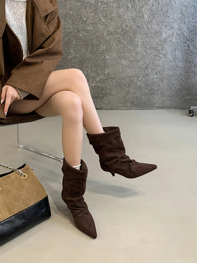 Women's Frosted Low-heeled Boots Fashion Retro Brand Short Boots Pointed Stiletto Boots Pleated Ankle Boot Folded Hem Short Boot