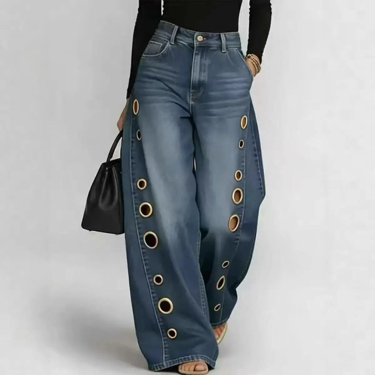 Asymmetric Two Tone Polka Dot Wide Leg Jeans With Bow for Women