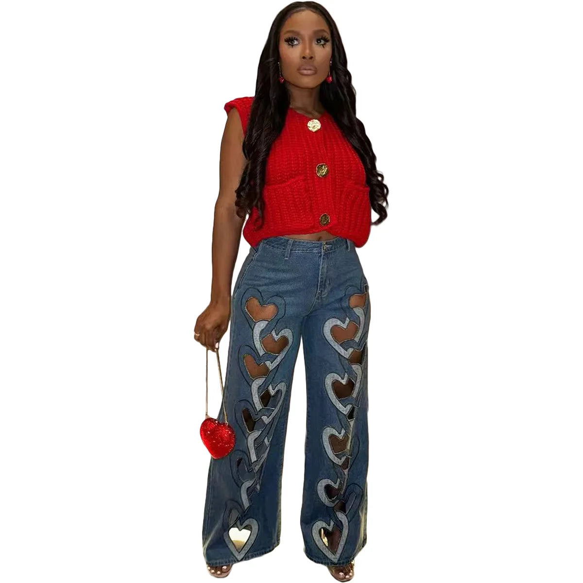 CM.YAYA Women Vintage Cutout Love Hollow Out Cross Straight Denim Pants 2025 Fall Fashion INS High Waist Wide Leg Jeans Trousers