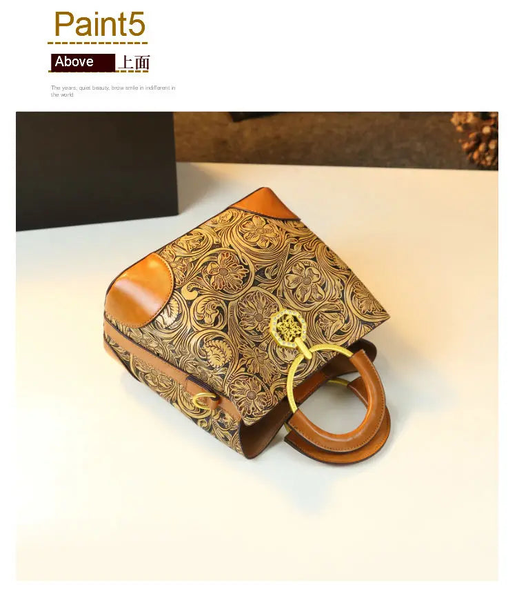 Retro Cowhine Carved Women Bag Handhold Bucket Leather Commuting Shoulder Underarm Crossbody Bags for Women