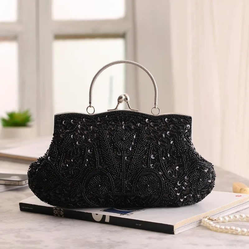 Fashion Glitter Clip Evening Purse Bead Embroidery Clutch Crossbody Bag Women Banquet Bridesmaid Wedding Party Tote Shoulder