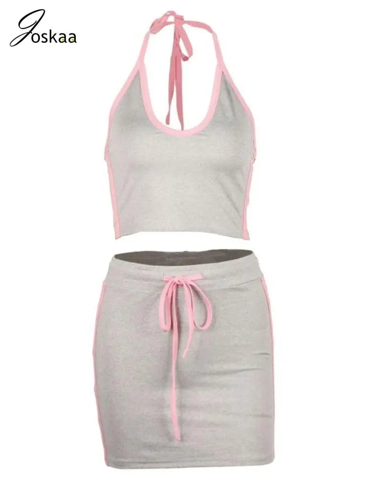 Joskaa 2025 Women's Color Block Sporty Two Piece Set Casual Halter Low-Neck Backless Camisole+Drawstring Skirts Match Tracksuits