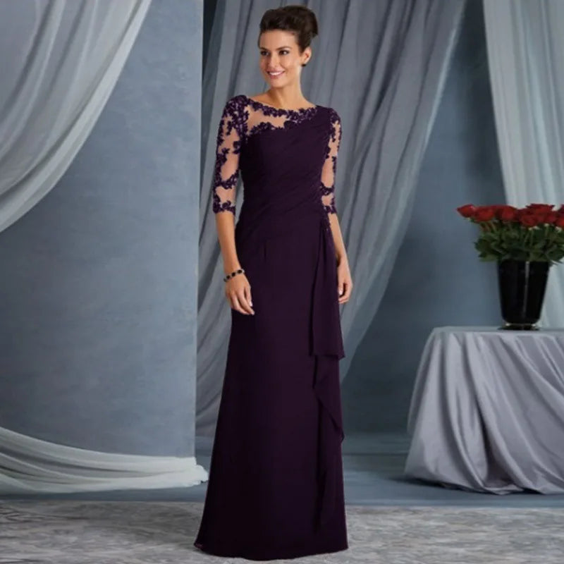 Elegant Lace Patchwork Mid Sleeve Long Dress for Women