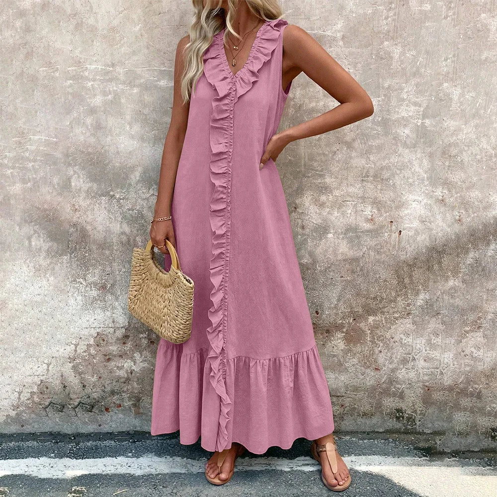 Women's Solid Sleeveless V-Neck Ruffle A-Line Maxi Dress Summer Ladies Casual Loose Beach Holiday Vacation Sundress Size S-2XL