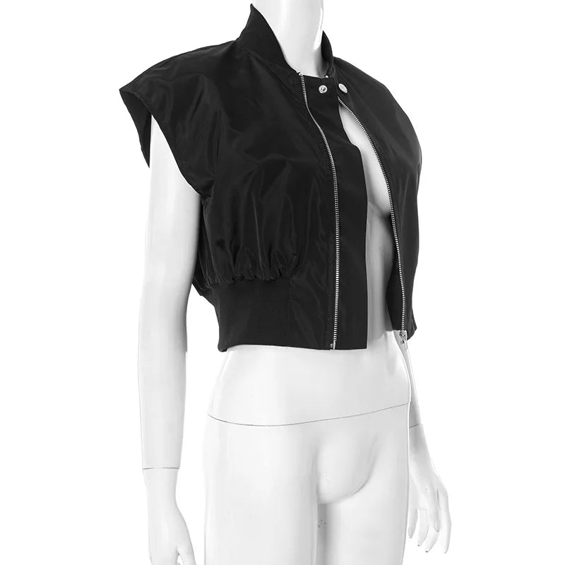 Joskaa Casual Black Cardigan Tops Women Hipster O-Neck Sleeveless Zipper Vests Jackets 2025 Summer Outerwear Y2K Streetwear