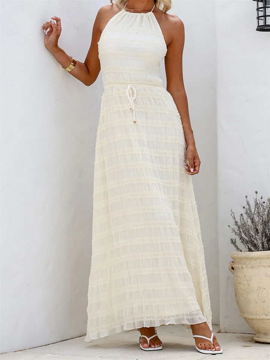 Women's Halter Neck Long Dress Frill Layered Solid Dress Drawstring Belted Sleeveless Dress