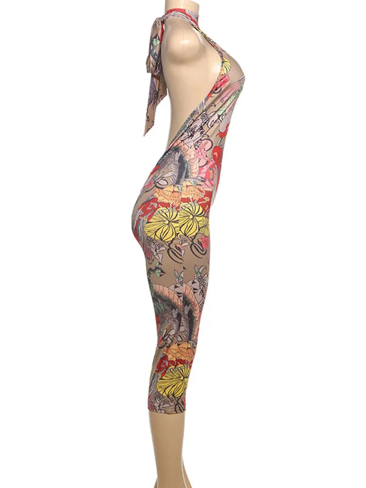 Weird Puss Sexy Print Halter Romper Women Bandage Summer Colorful Hipster Backless Activity Workout Fit Tight Stretch Playsuits