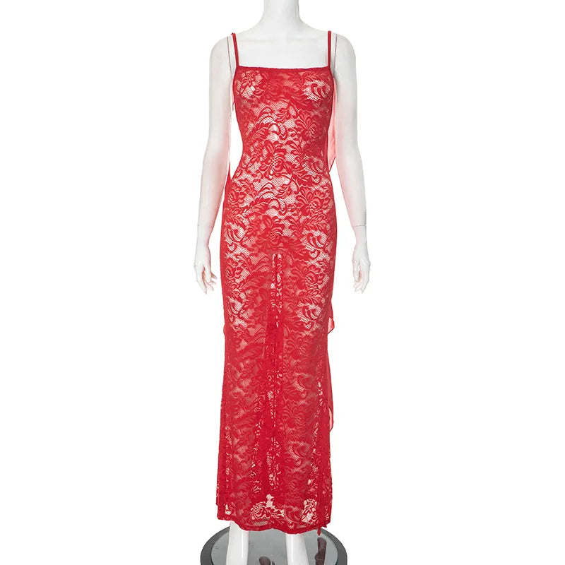 CM.YAYA Women lace Sleeveless Strap Floral Backless Sleeveless Sexy Party Bodycon Midi Maxi Long Dress 2025 Dresses Vestidos