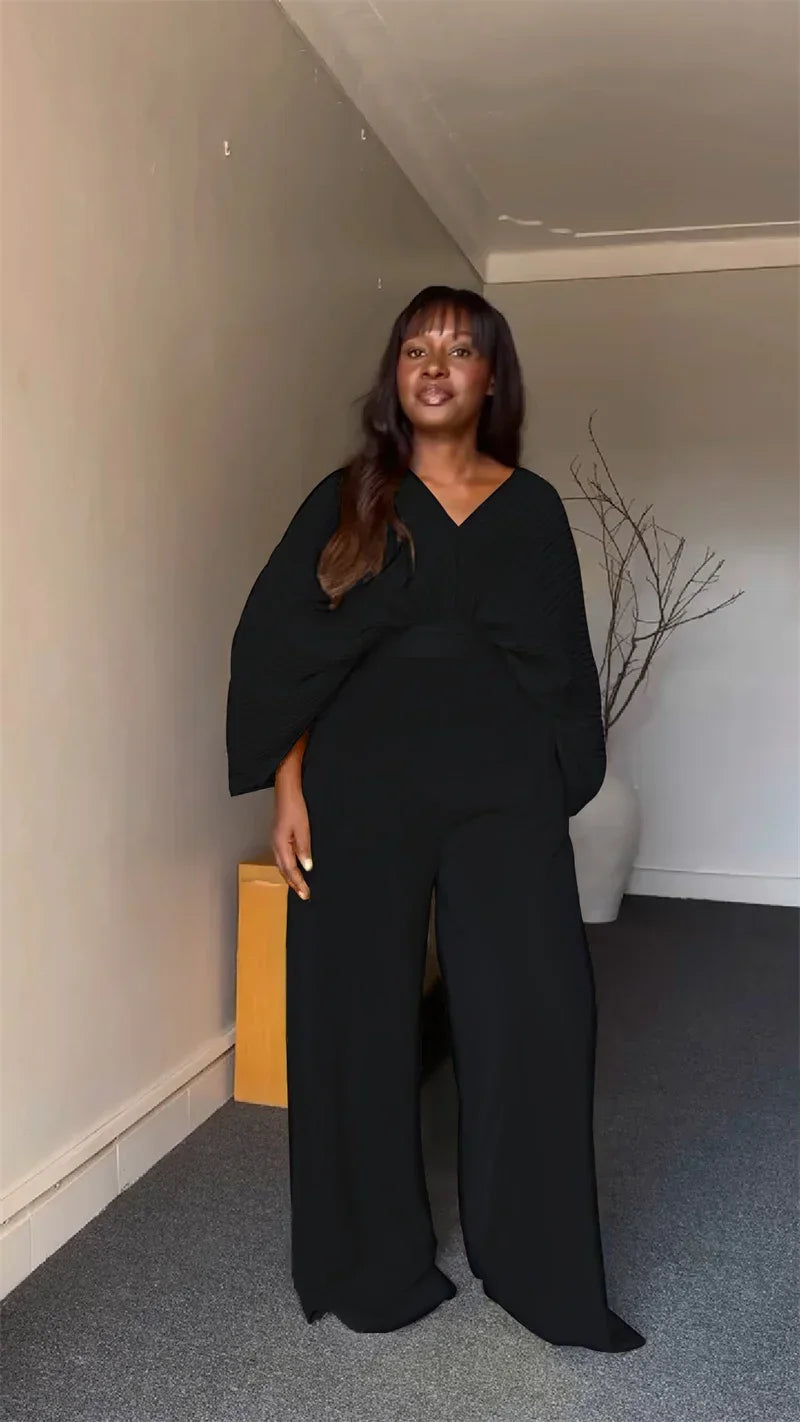 Pleated Blouse V Neck Full Sleeve and Wide Leg Pants Women Loose 2 Pieces Sets Elegant Office Ladies African Outfits 2025
