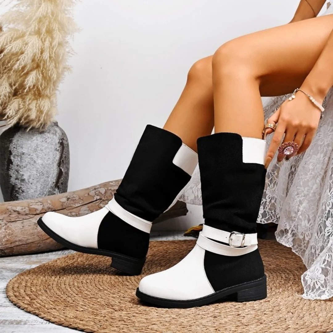 Women's large-sized black and white patchwork thigh-high knee-length fashion boots 2025 autumn/Winter round-toed boots
